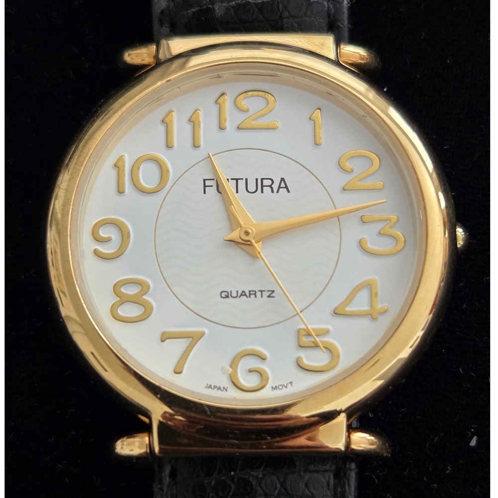 VTG Futura Quartz Watch Gold Tone White Dial Black Leather Strap Japan Movt